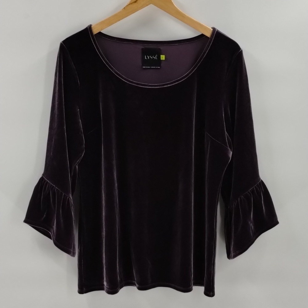Lysse Purple Velour Scoop Neck Top w Ruffled Bell Sleeves Size Medium stretch